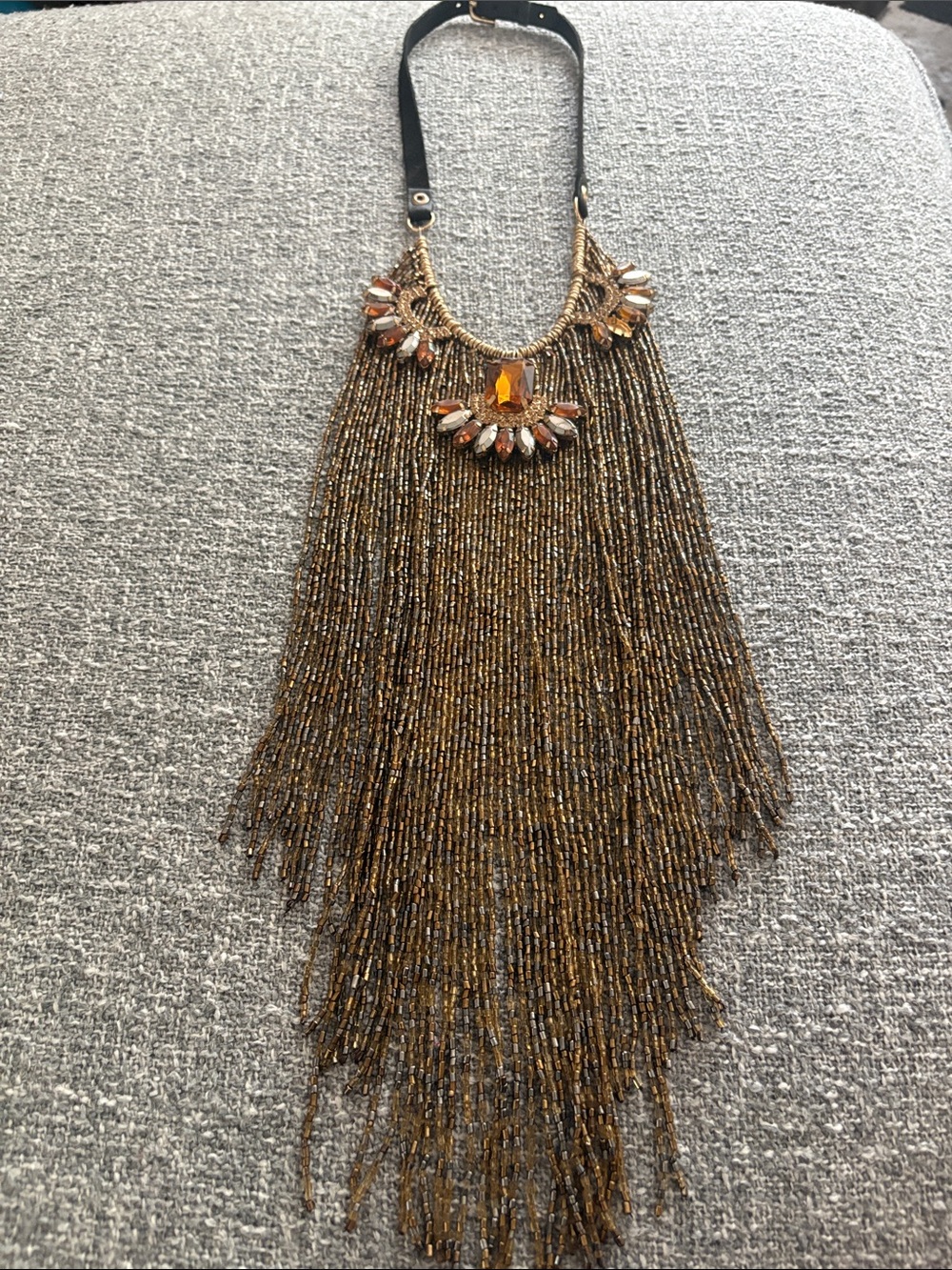 Gold and Amber Beaded Fringe Statement Necklace